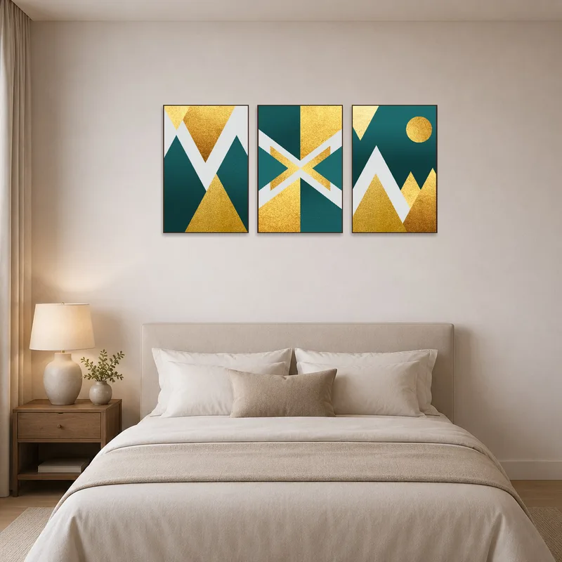 Elegant bedroom wall displaying a harmonious geometric triptych in shades of gold and teal.