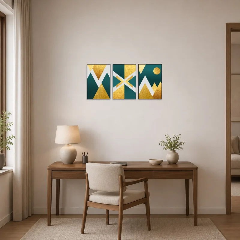 Home office accented by a striking geometric triptych in gold and teal adding a sophisticated touch.