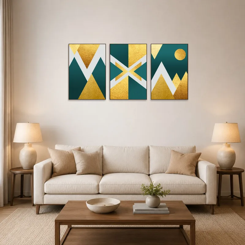 Bold geometric triptych in gold and teal on a living room wall with modern furniture.