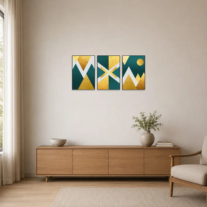 Clean space with a gold and teal geometric triptych enhancing the minimalist aesthetic.