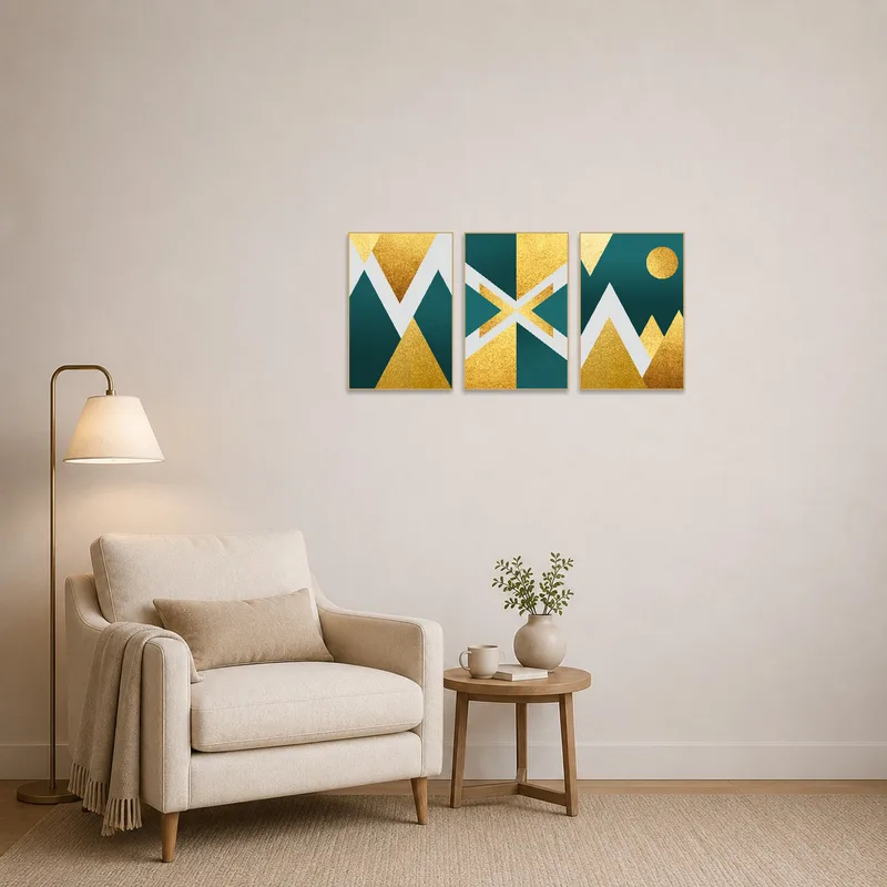 Cozy reading corner featuring a contemporary geometric triptych in gold and teal tones.