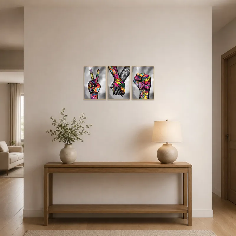 Street art triptych greeting guests in a contemporary entrance hall.