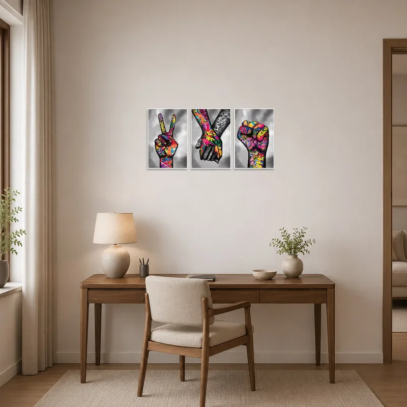 Triptych of hand gestures inspiring creativity in a modern home office.