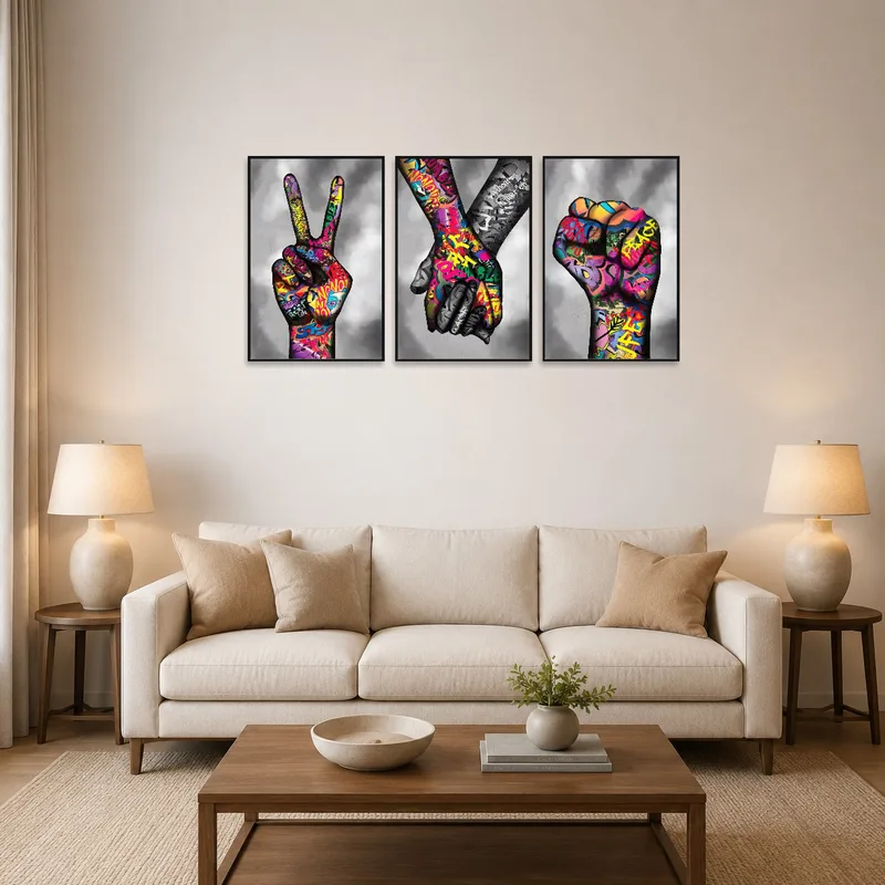 Street art hand gesture triptych in trendy living room over a sleek modern sofa.