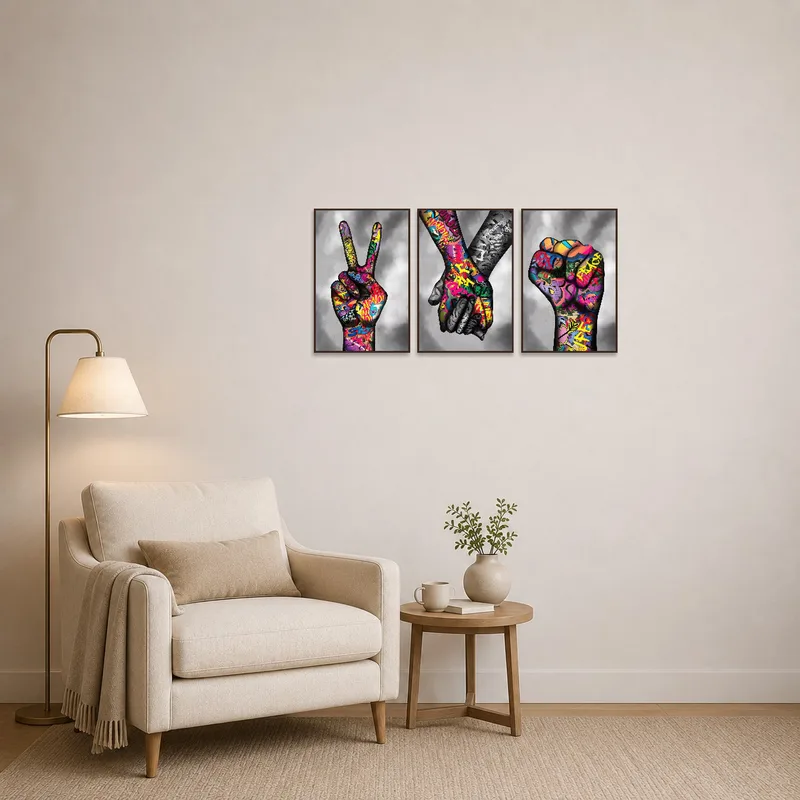 Hand gesture triptych adding urban flair to a cozy reading corner.