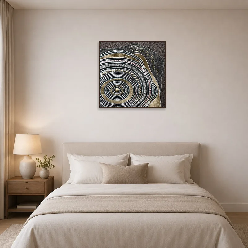 Chic abstract artwork with metallic accents in a serene bedroom.
