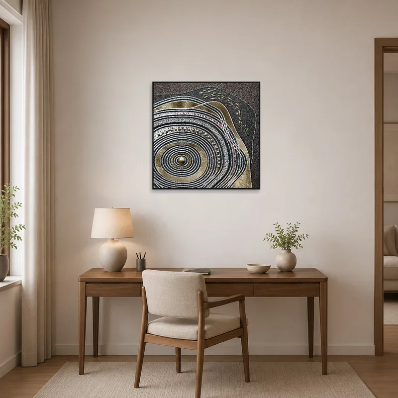 Modern abstract design with metallic hints in a home office.