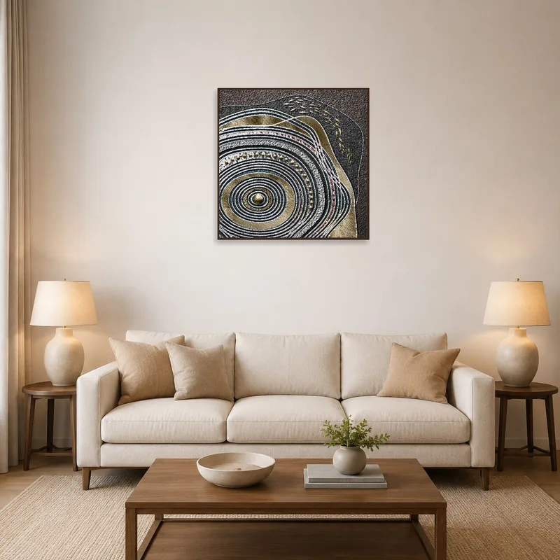 Textured abstract design with metallic accents in a modern living room setting.