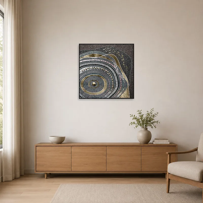Metallic-accented abstract artwork in a minimalist white space.