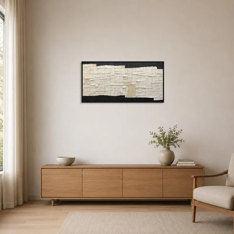 Textured abstract tapestry in neutral tones enhancing a minimalist space.