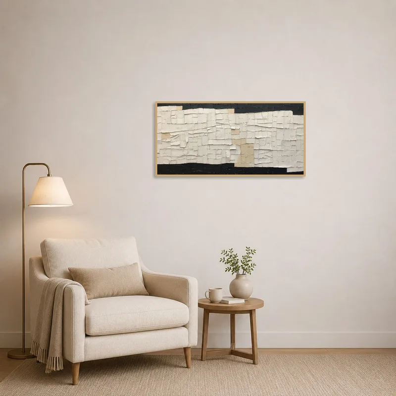 Textured abstract tapestry in neutral tones adding warmth to a cozy reading corner.
