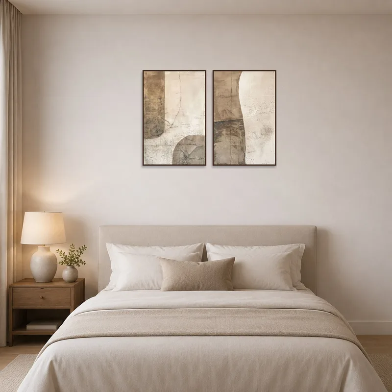 Textured Earth Tones Abstract Art Set displayed above a bed in a tranquil bedroom.