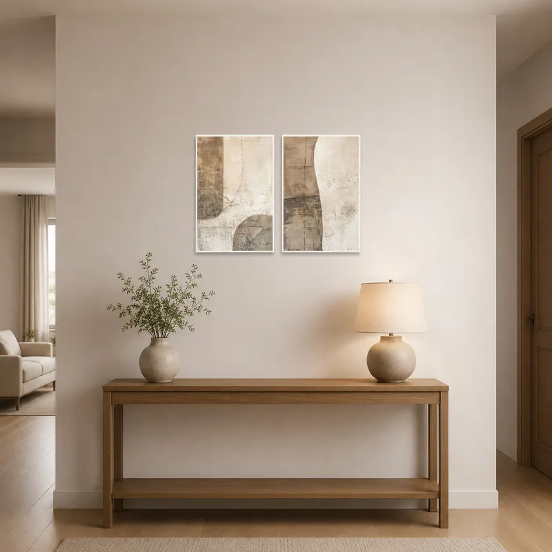 Textured Earth Tones Abstract Art Set featured in an entrance hall above a narrow console.