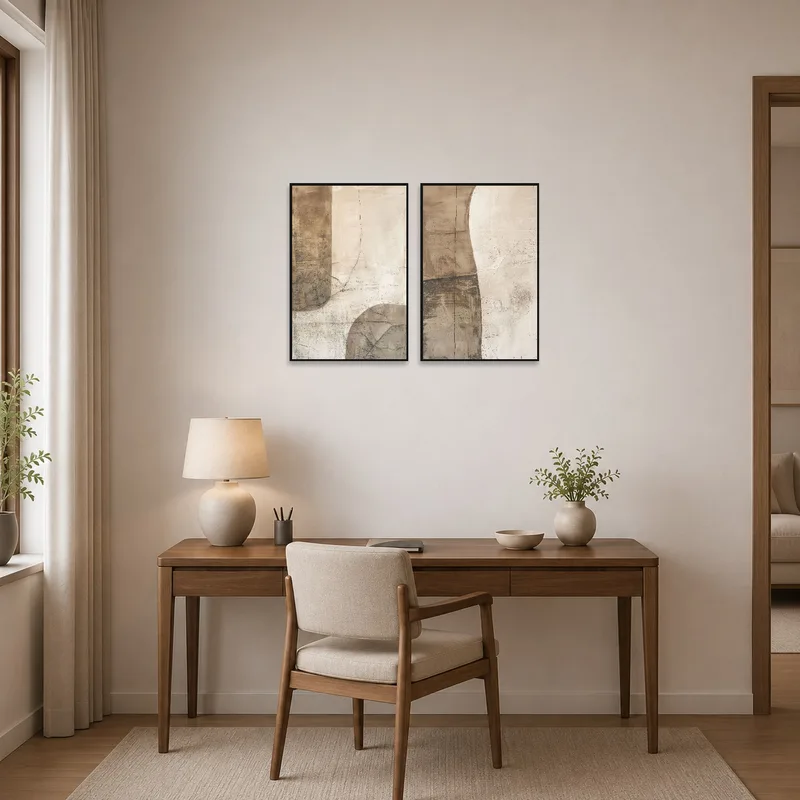 Textured Earth Tones Abstract Art Set adding warmth to a home office backdrop.