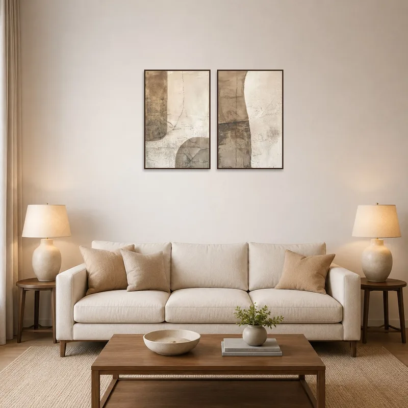 Textured Earth Tones Abstract Art Set on a living room wall above a modern sofa.
