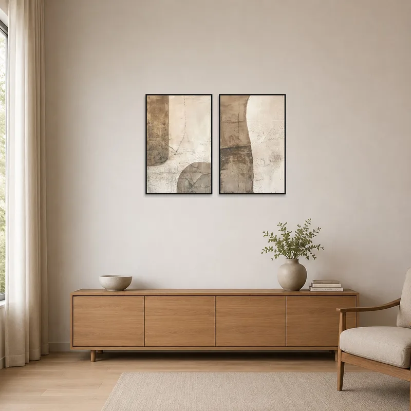 Textured Earth Tones Abstract Art Set in a minimalist room with sleek lines and neutral colors.