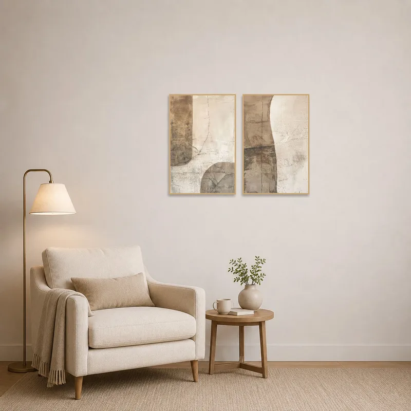 Textured Earth Tones Abstract Art Set enhancing a cozy reading corner.