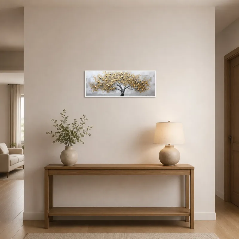 Entrance hall featuring a gold leaf tree art print greeting visitors.