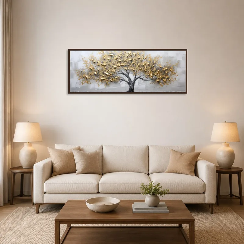 Gold leaf tree art print on wall in modern living room with a sofa and plants.