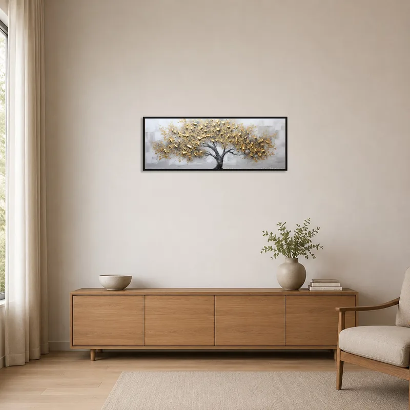 Minimalist room with gold leaf tree art print providing a focal point.