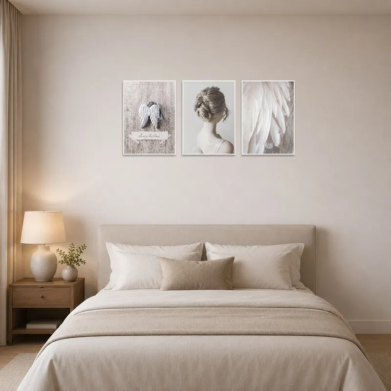 Tranquil angelic art set creating a peaceful ambiance in a bedroom.