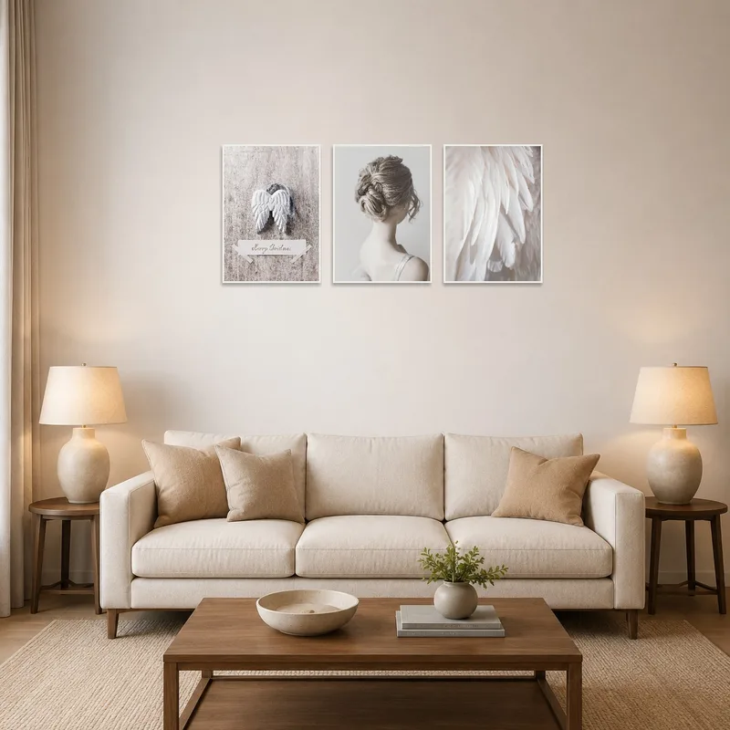 Tranquil angelic triptych art set displayed above a cozy living room sofa.