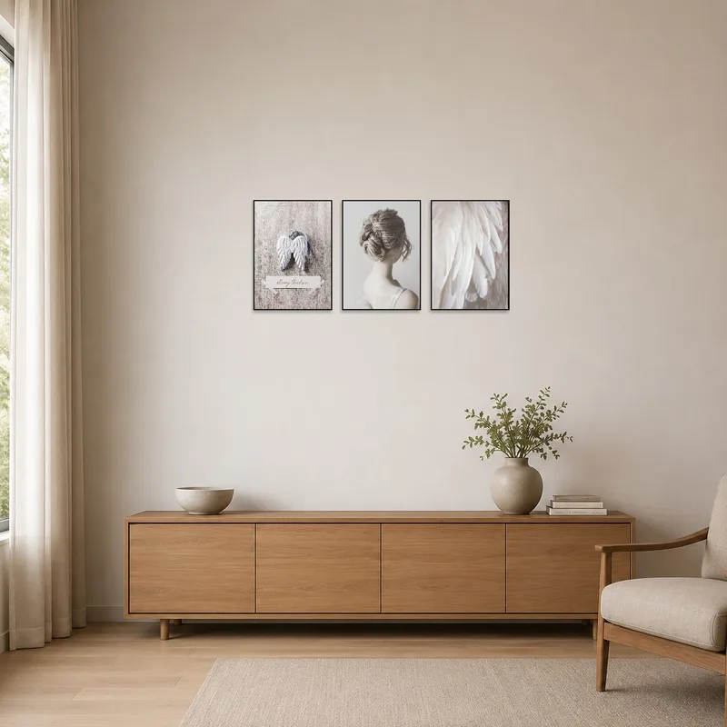 Elegant triptych depicting serene angelic figures in a minimalist room.