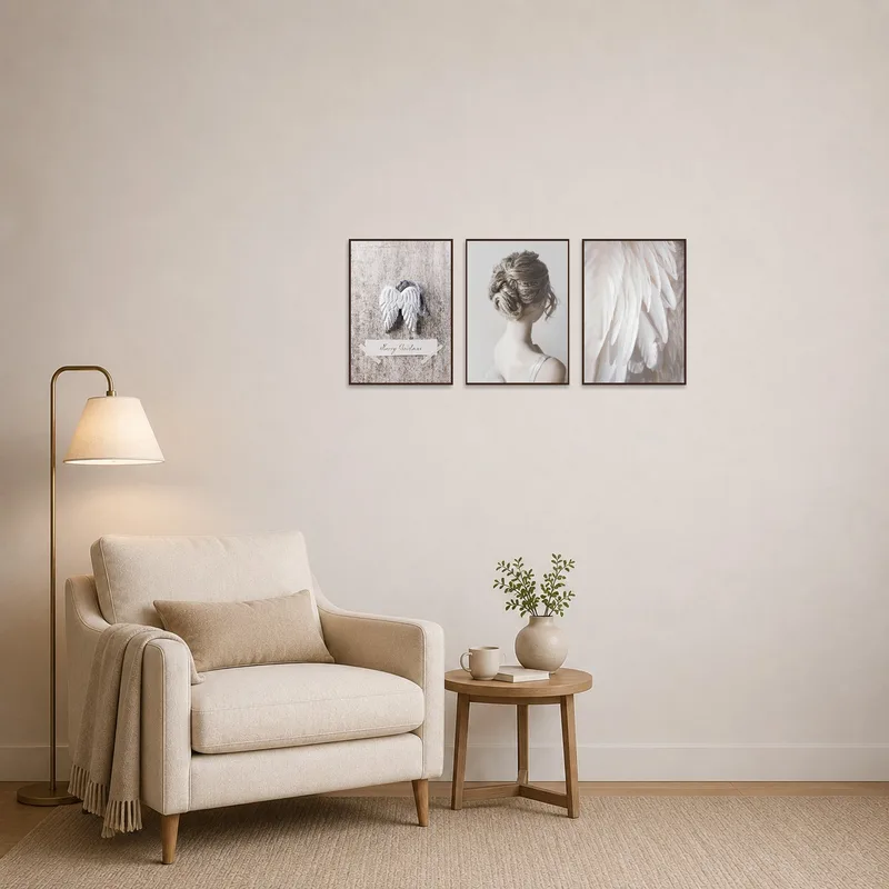 A calming angelic triptych set adding tranquility to a reading corner.
