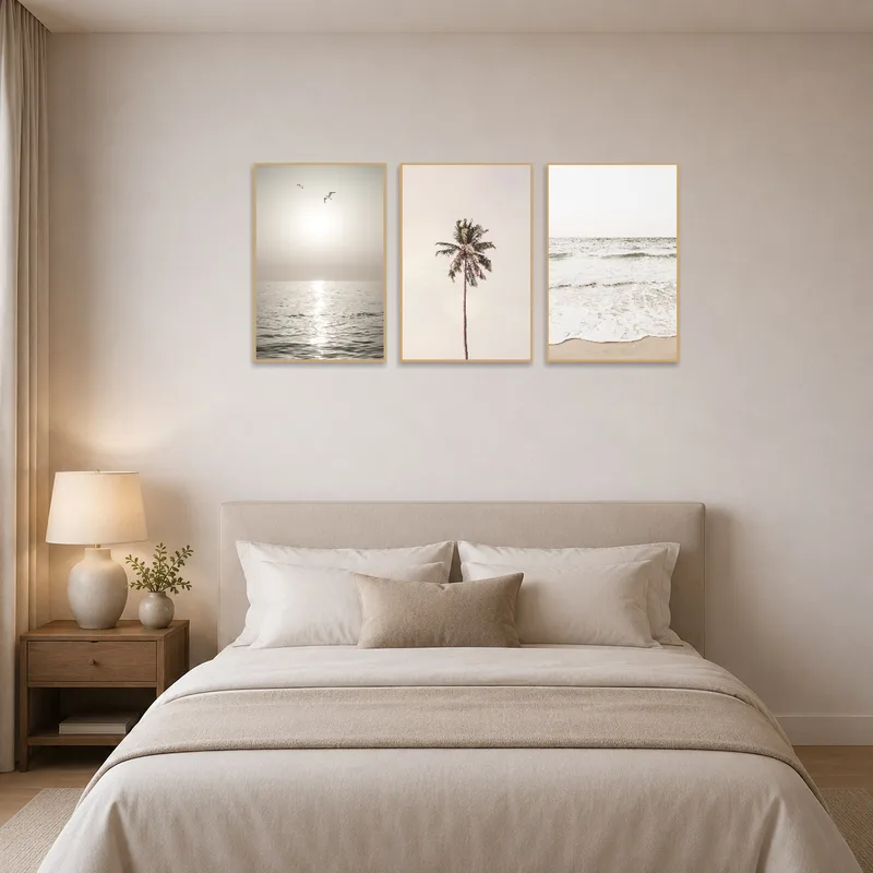 Bedroom wall showcasing a tranquil coastal triptych, adding a soothing touch.