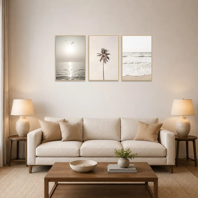 A triptych set depicting serene coastal scenes hanging in a cozy living room.