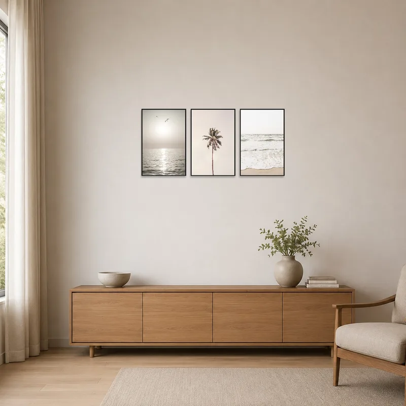 Minimalist room featuring a tranquil coastal triptych set on a plain wall.