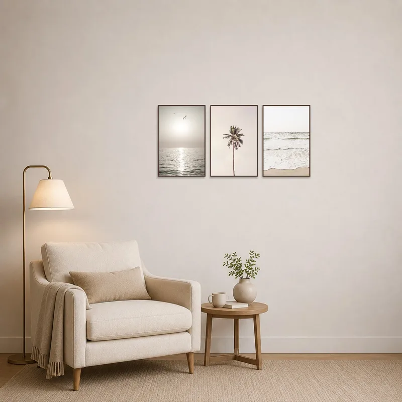 Reading corner enhanced by a serene coastal triptych set, fostering a relaxing vibe.