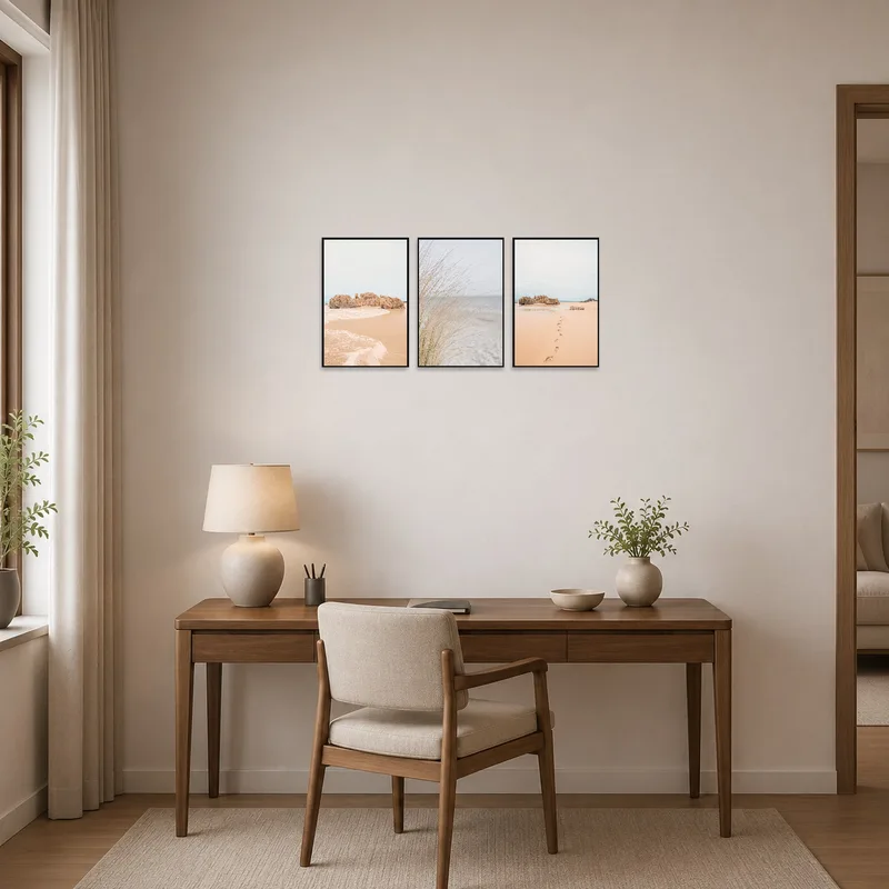 Inspirational coastal art bringing calm focus to the home office.