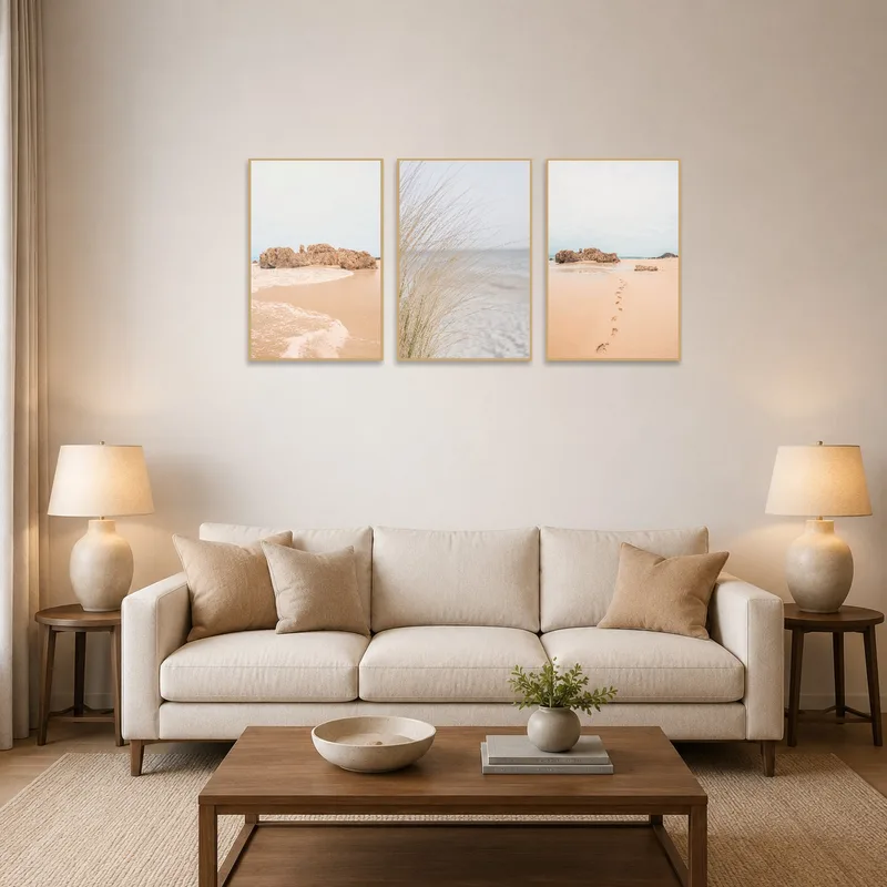 A coastal-themed artwork set creating a calming ambiance in a living room.