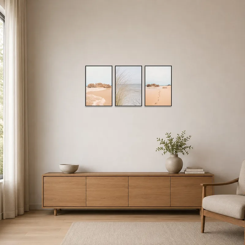 Simplistic beach scene art adding tranquility to a minimalist space.
