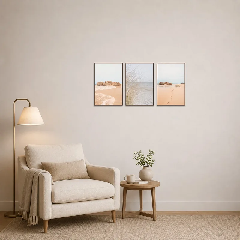 A serene coastal art trio providing relaxation by the reading corner.