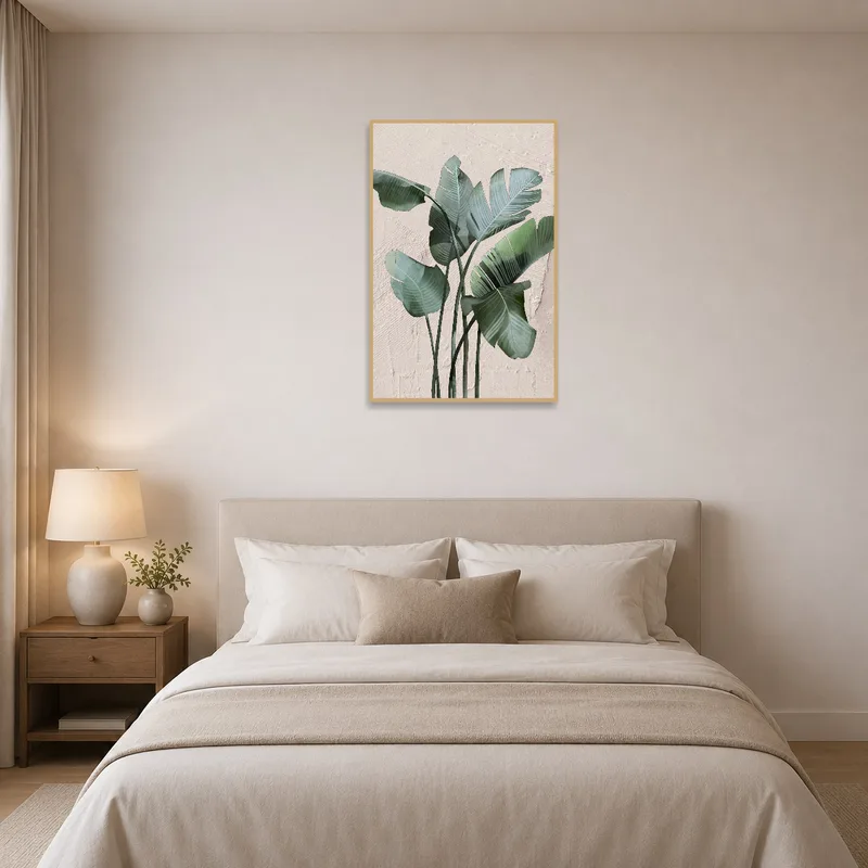 Bedroom setting with calming tropical banana leaves artwork providing a soothing atmosphere.
