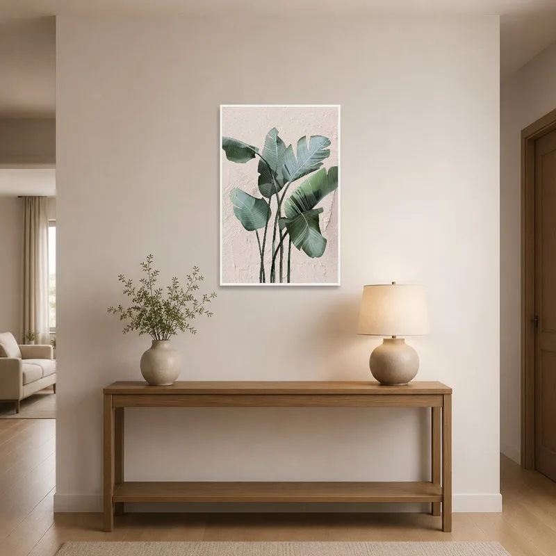 Tropical leaves artwork greets guests with a fresh vibe in the entrance hall.