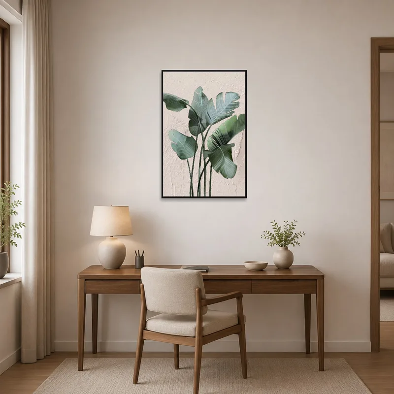 Home office energized by the refreshing banana leaves artwork on the wall.