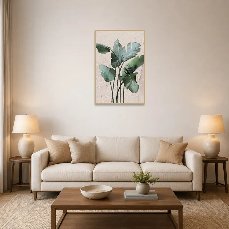 Tropical banana leaves art piece adds a vibrant touch to the living room wall.