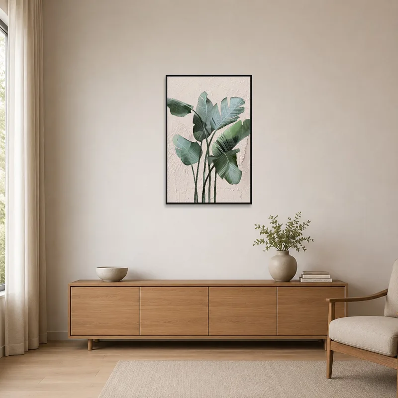 Simple and clean space accentuated with tropical banana leaves art.