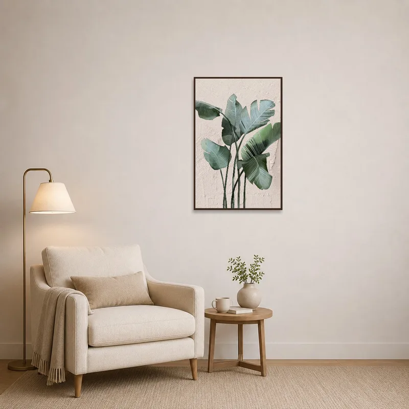 Cozy reading corner enhanced by the lush texture of tropical banana leaves art.