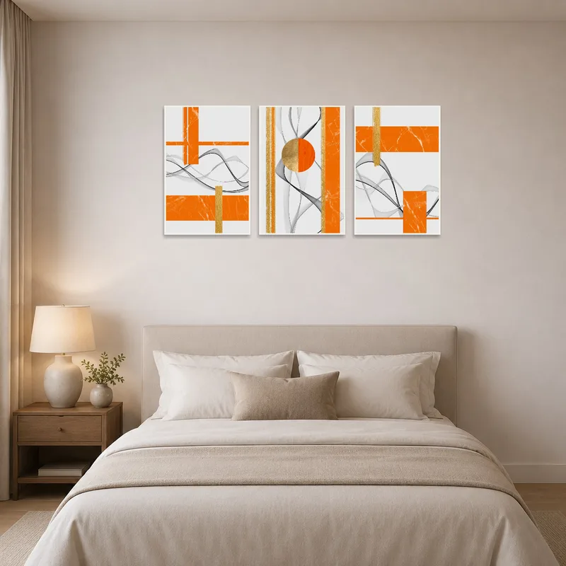 Bright orange and gold print adds elegance to a bedroom.