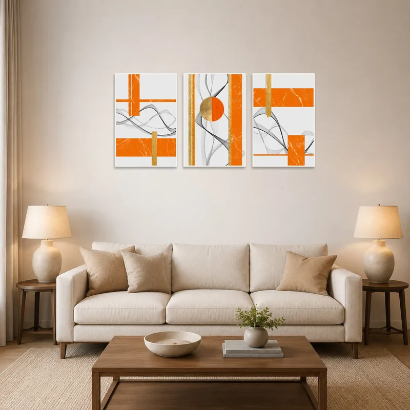 Triptych with vibrant orange and gold enhances a chic living room wall.