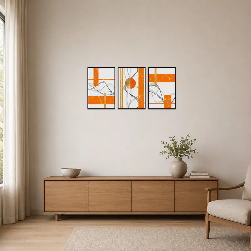 Bold orange and gold print contrasts with minimalist decor.