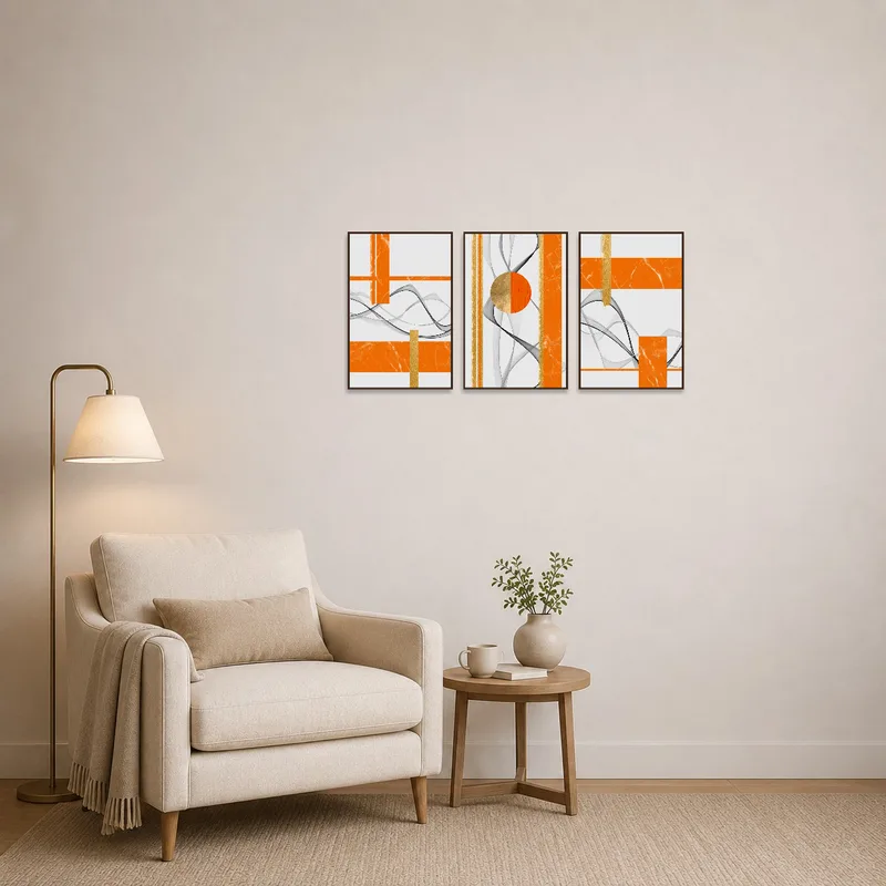 Colorful triptych brings warmth to a cozy reading corner.