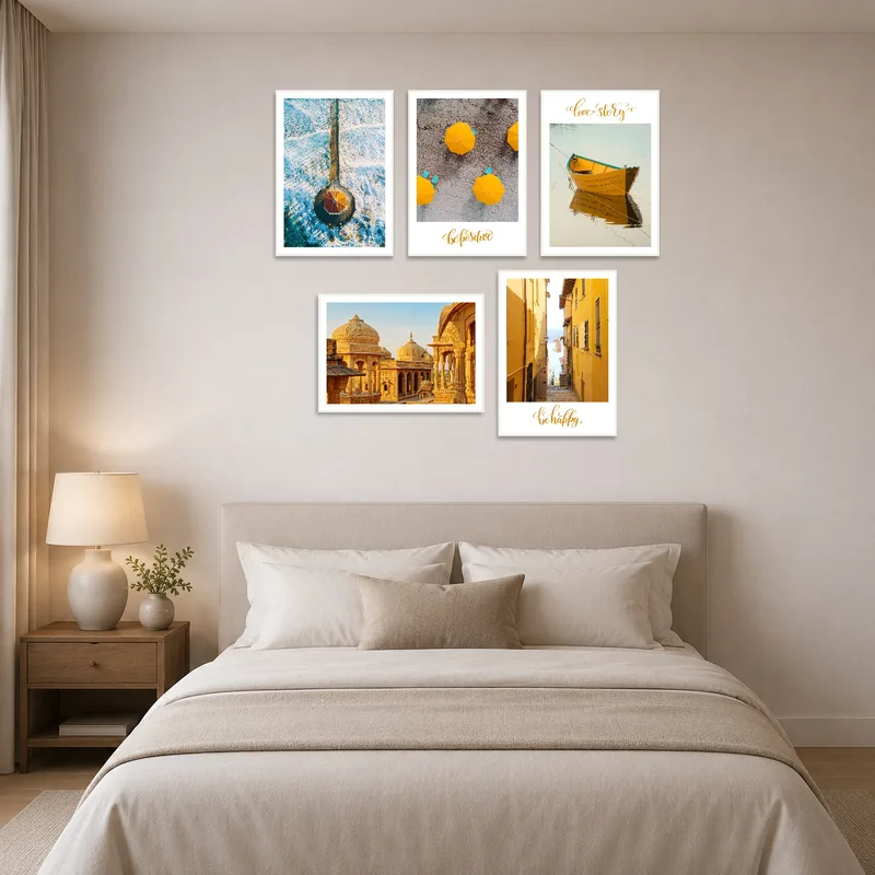Bedroom adorned with a vibrant coastal and architectural photography set.