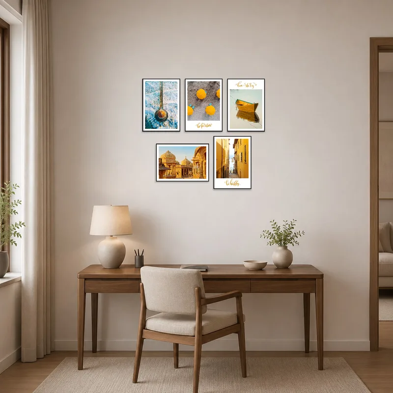 Home office wall enlivened by a vibrant coastal and architectural photo set.
