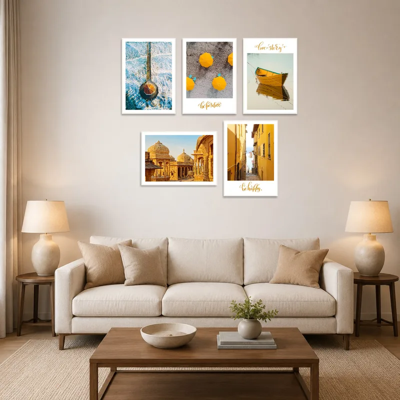 A vibrant coastal and architectural photo set brightens a cozy living-room wall.