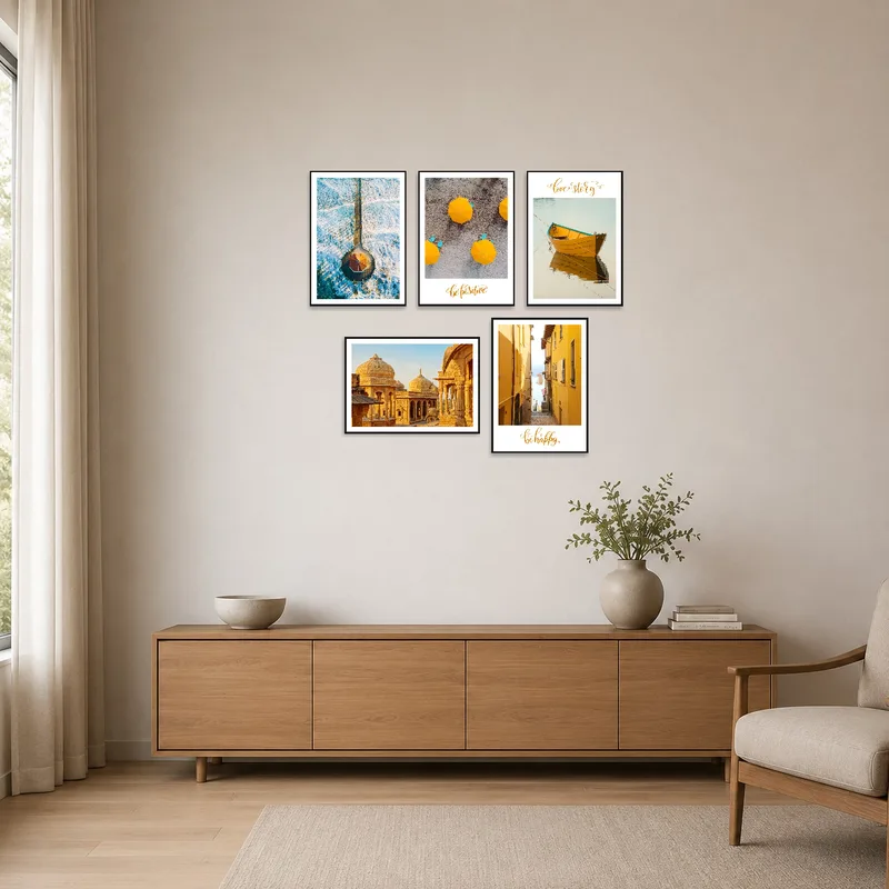 Minimalist room featuring elegant coastal and architectural photography set.